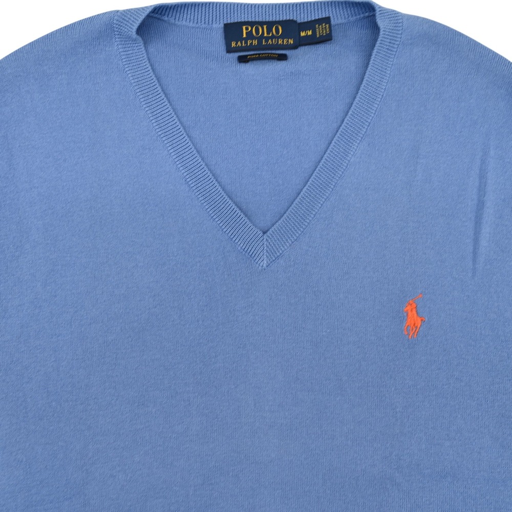 100% Pima Cotton Polo Ralph Lauren Men V-Neck Sweater Vest Blue Orange Pony M